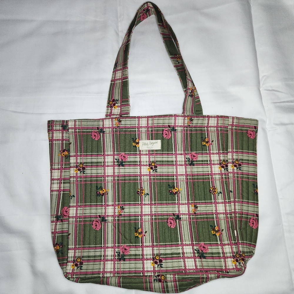 Sezane Green and Pink Plaid Tote